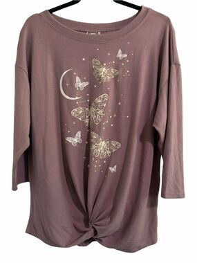 TruSelf Women’s 1X Butterfly Graphic Top Mauve Pink Twist Front Stretch Shirt